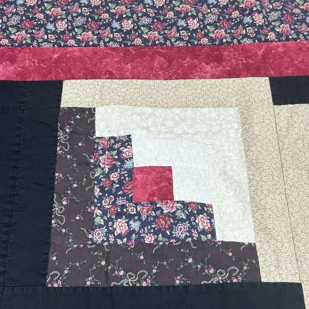 Log Cabin Pattern Quilt Twin 46 x 68 Diagonal Cottagecore Bloomcore Farmhouse